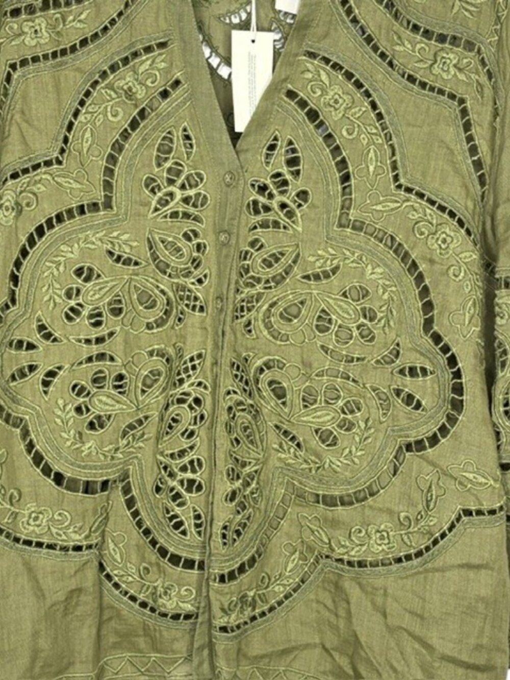 Sundance 2-Piece Embroidered Cutwork Full Sleeved Split Neck Top - XXL - Olive - Picture 2 of 12